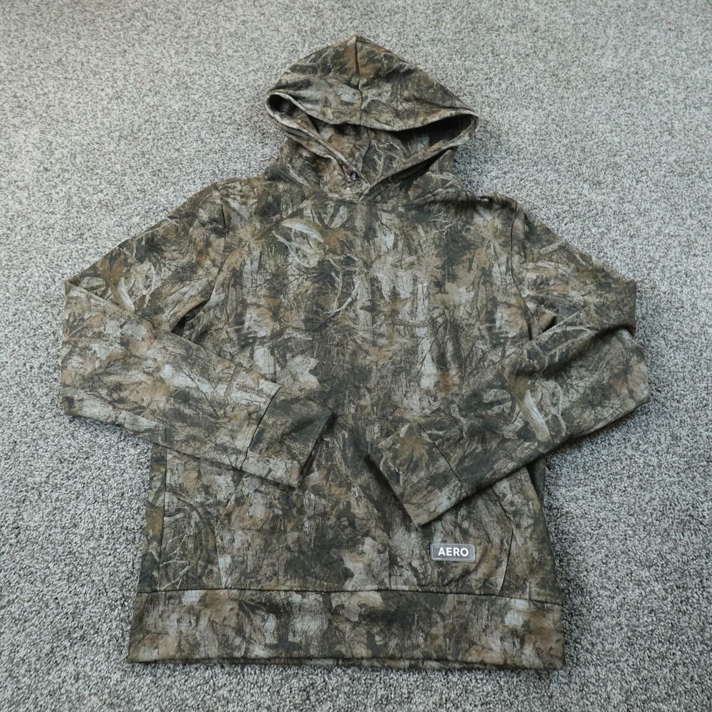 Aeropostale Hoodie Mens S Brown Camo Fleece Pullover Sweatshirt AERO Logo Top
